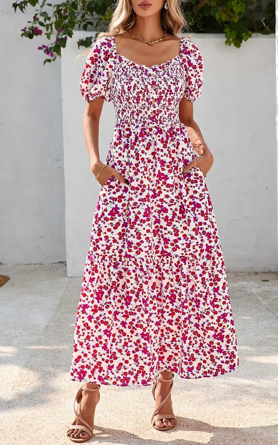 PRETTYGARDEN Womens Summer Dresses 2025 Casual Boho Floral Puff Short Sleeve Flowy Maxi Dress Smocked V Neck Sun Dresses