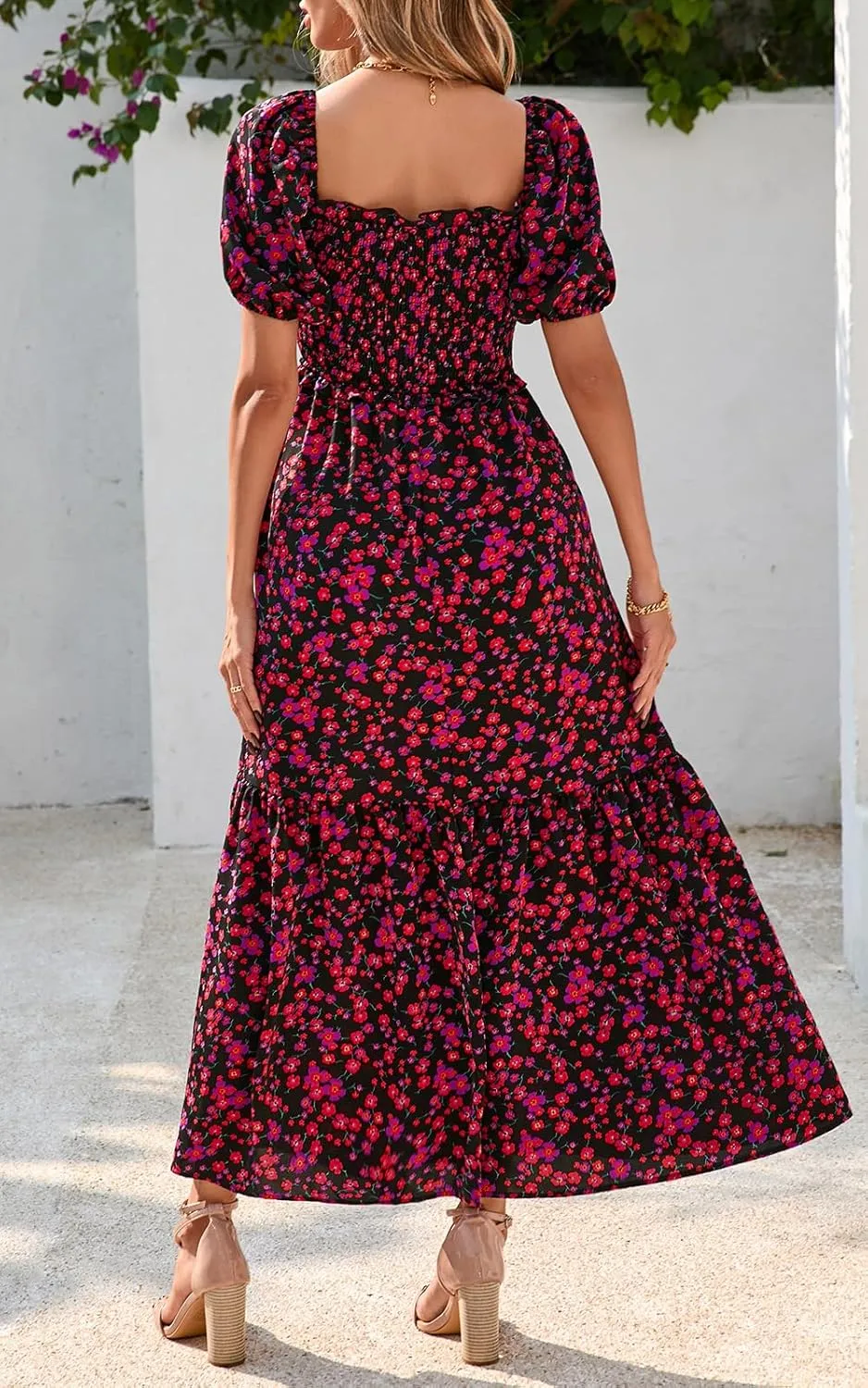 PRETTYGARDEN Womens Summer Dresses 2025 Casual Boho Floral Puff Short Sleeve Flowy Maxi Dress Smocked V Neck Sun Dresses
