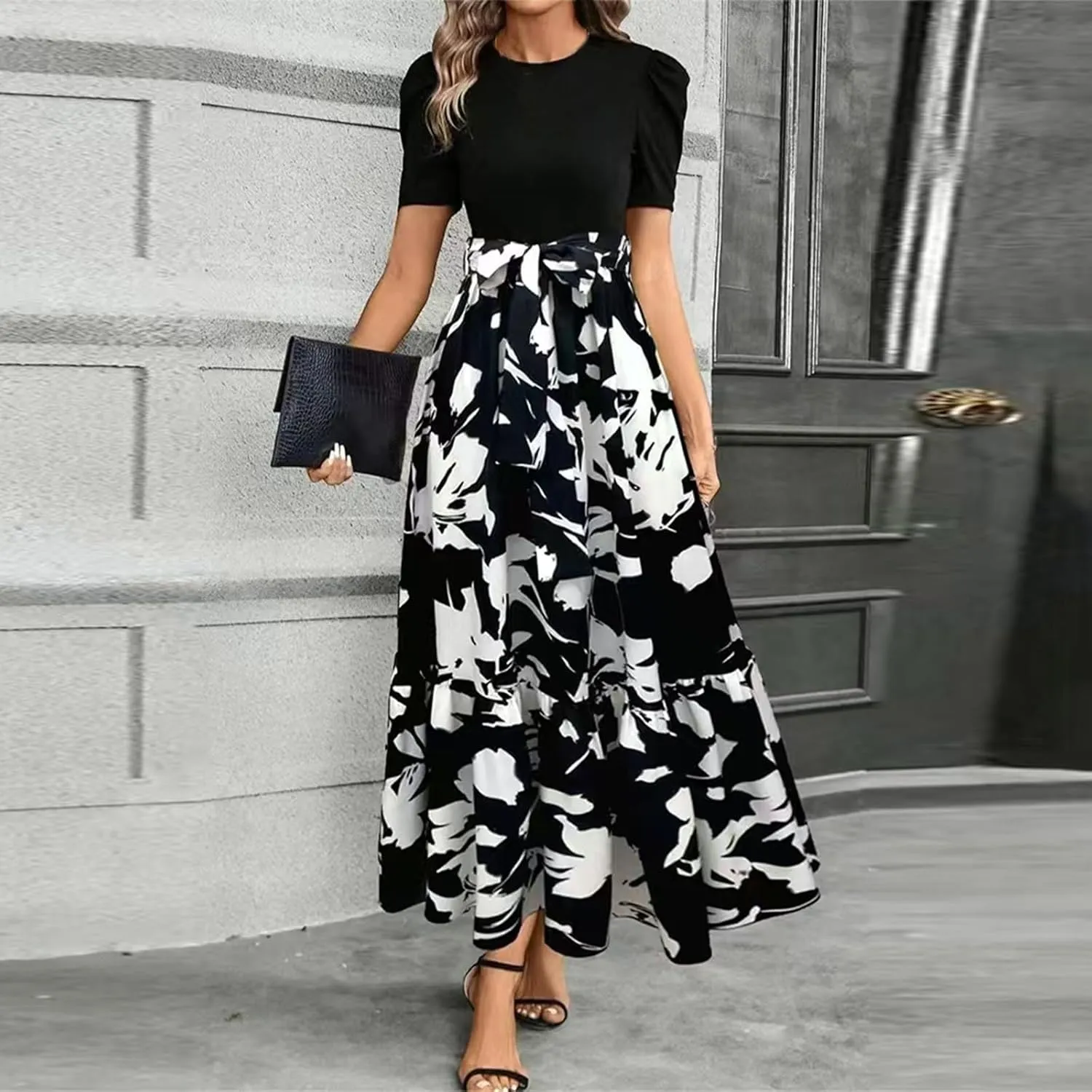 Puff Short Sleeve Dress for Women Flowy Swing Tiered Ruffle Dress Tie Belted Empire Waist Summer Beach Dresses