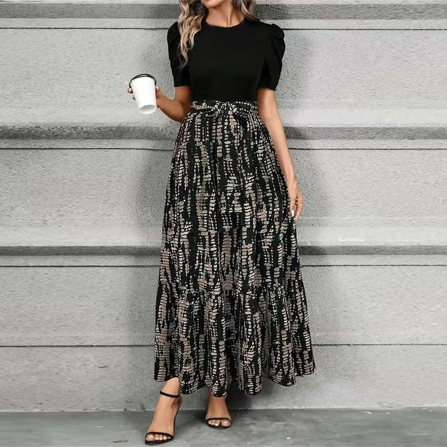 Puff Short Sleeve Dress for Women Flowy Swing Tiered Ruffle Dress Tie Belted Empire Waist Summer Beach Dresses