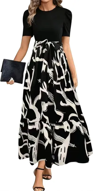 Puff Short Sleeve Dress for Women Flowy Swing Tiered Ruffle Dress Tie Belted Empire Waist Summer Beach Dresses