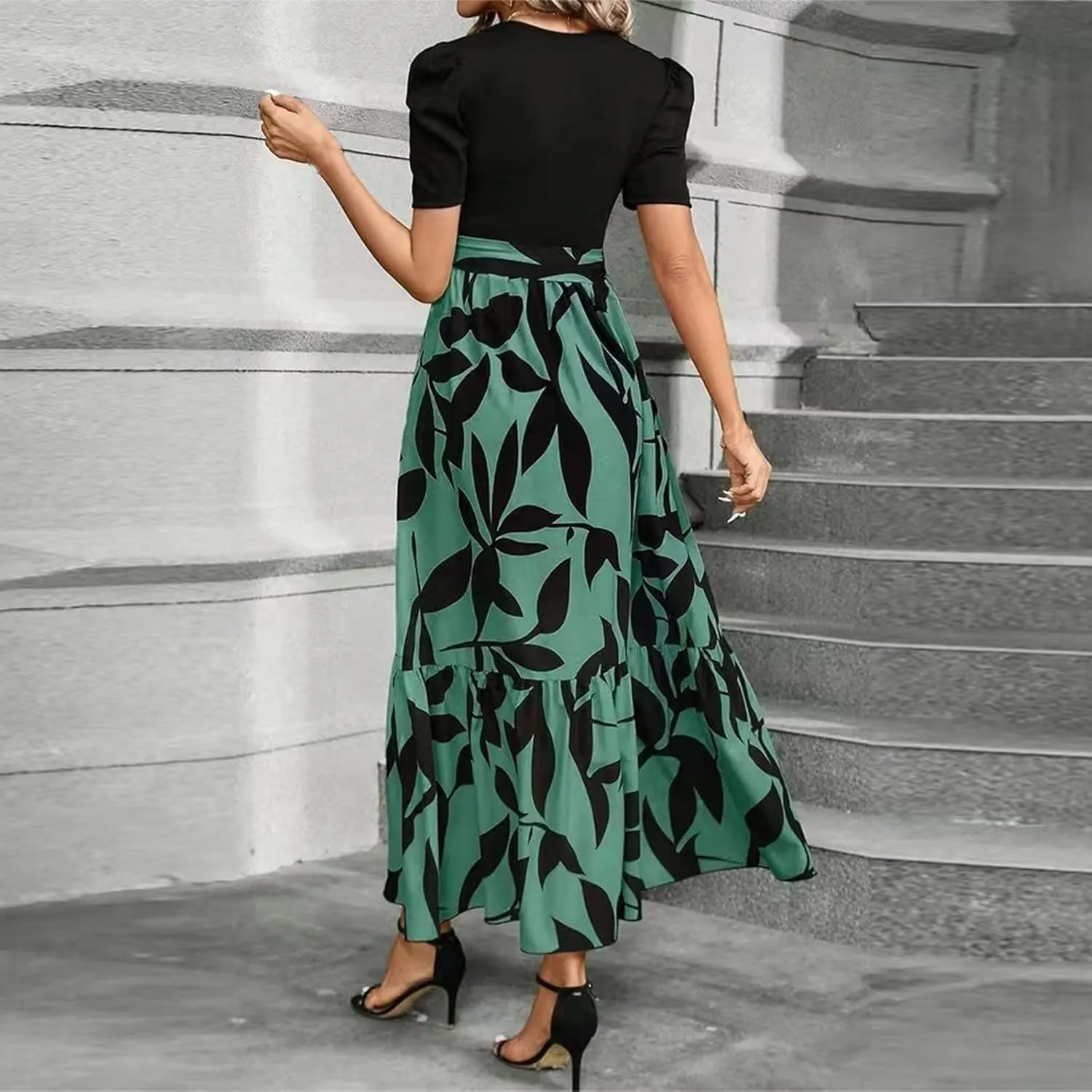 Puff Short Sleeve Dress for Women Flowy Swing Tiered Ruffle Dress Tie Belted Empire Waist Summer Beach Dresses