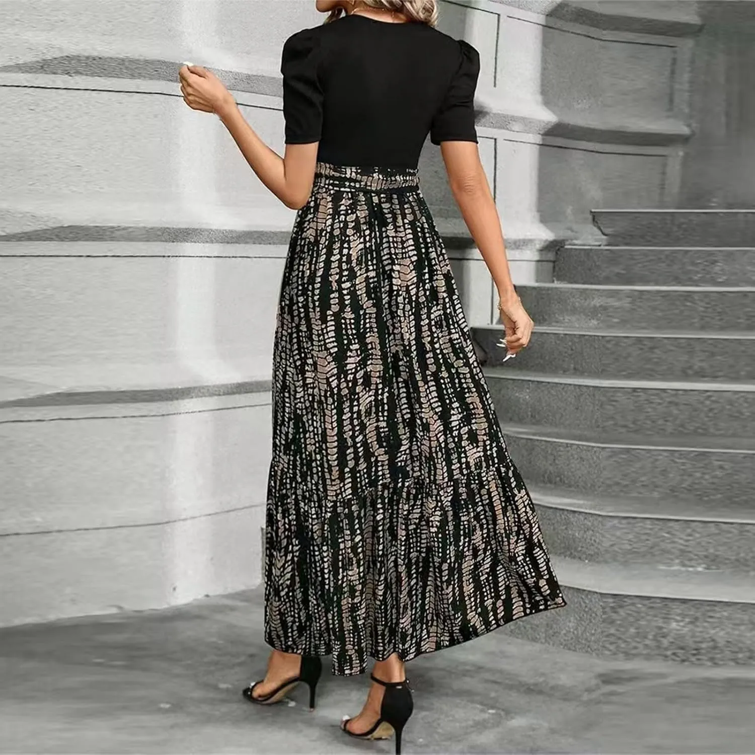 Puff Short Sleeve Dress for Women Flowy Swing Tiered Ruffle Dress Tie Belted Empire Waist Summer Beach Dresses
