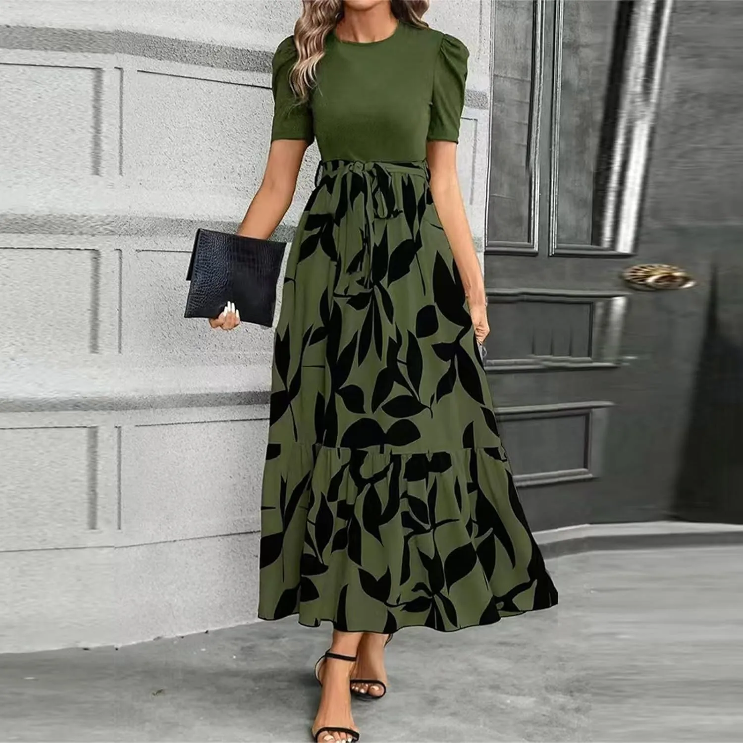 Puff Short Sleeve Dress for Women Flowy Swing Tiered Ruffle Dress Tie Belted Empire Waist Summer Beach Dresses