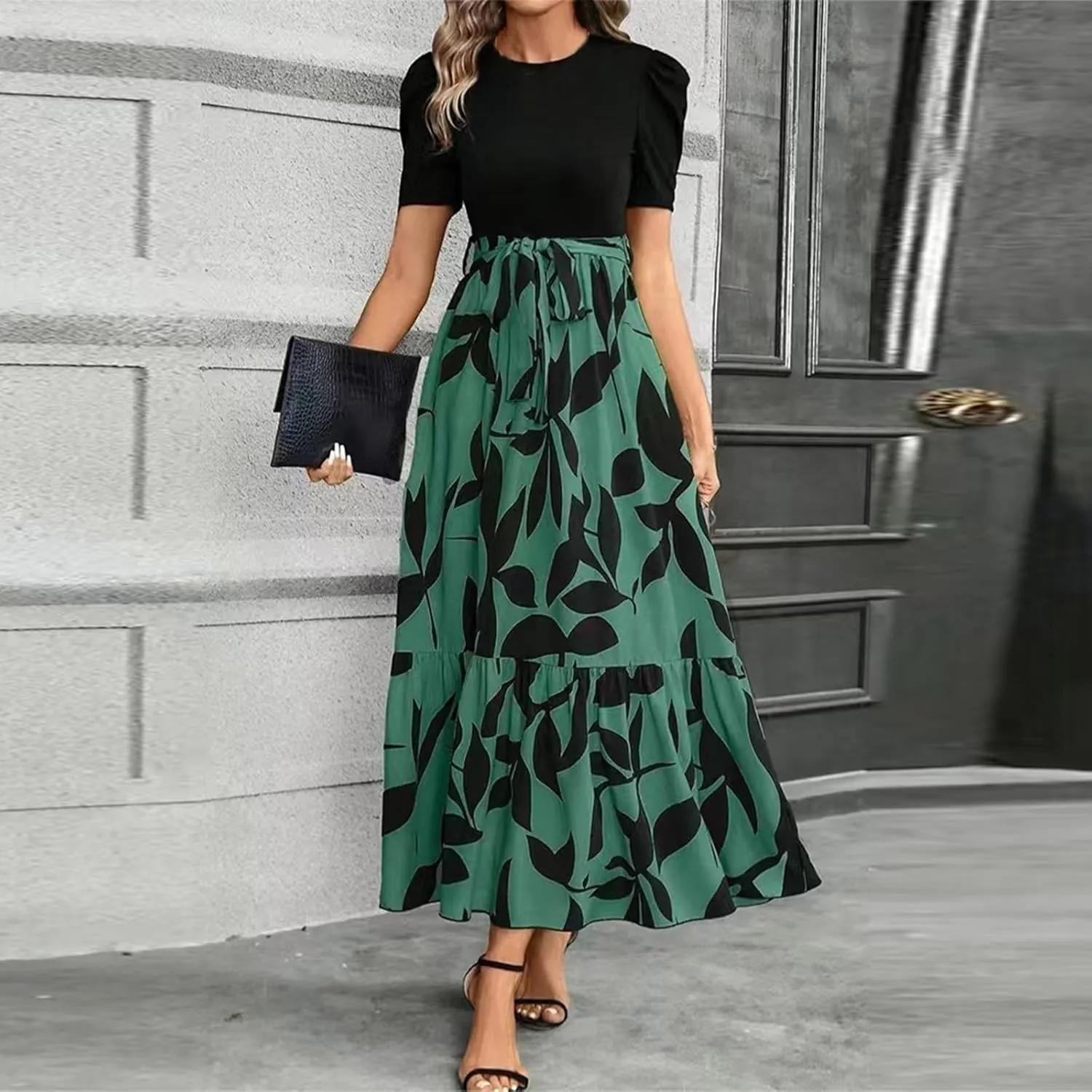 Puff Short Sleeve Dress for Women Flowy Swing Tiered Ruffle Dress Tie Belted Empire Waist Summer Beach Dresses