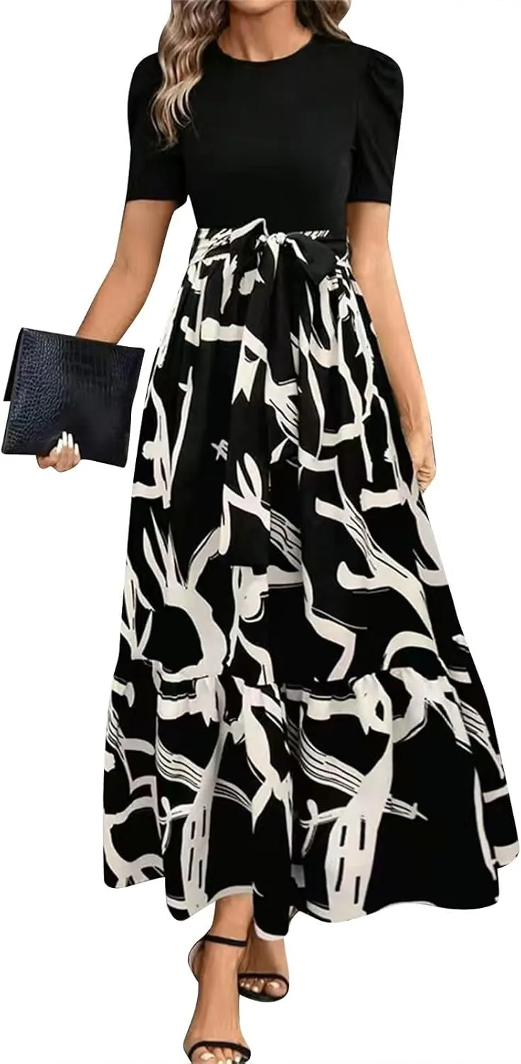 Puff Short Sleeve Dress for Women Flowy Swing Tiered Ruffle Dress Tie Belted Empire Waist Summer Beach Dresses