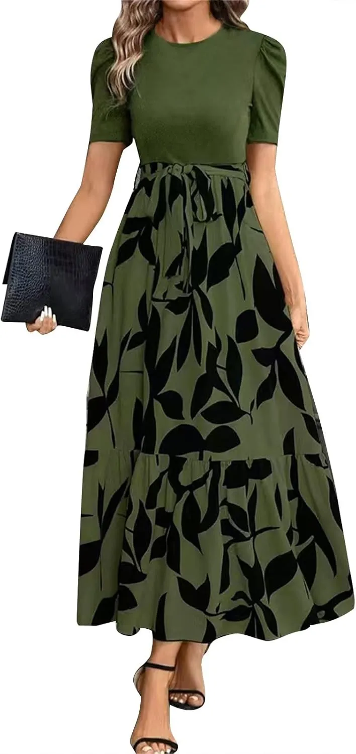 Puff Short Sleeve Dress for Women Flowy Swing Tiered Ruffle Dress Tie Belted Empire Waist Summer Beach Dresses