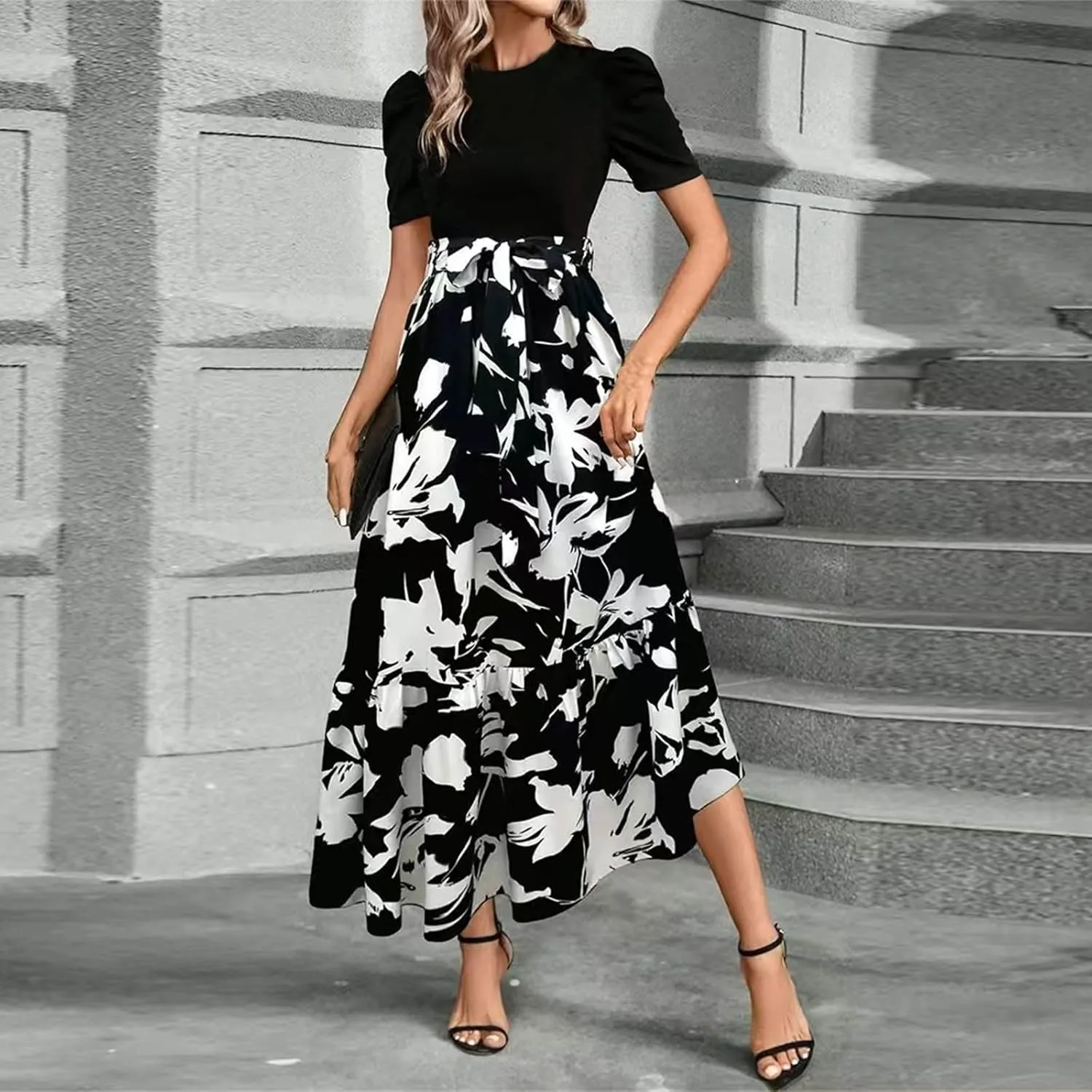 Puff Short Sleeve Dress for Women Flowy Swing Tiered Ruffle Dress Tie Belted Empire Waist Summer Beach Dresses