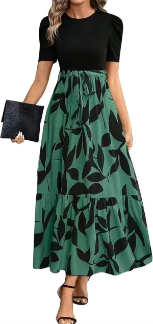 Puff Short Sleeve Dress for Women Flowy Swing Tiered Ruffle Dress Tie Belted Empire Waist Summer Beach Dresses