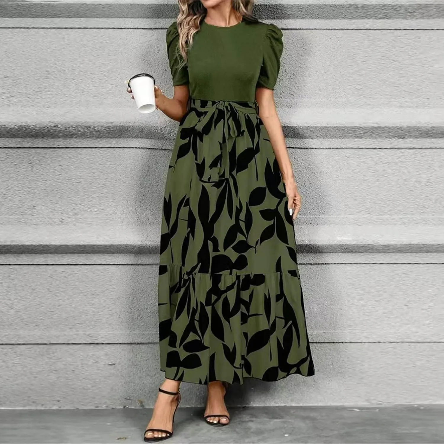 Puff Short Sleeve Dress for Women Flowy Swing Tiered Ruffle Dress Tie Belted Empire Waist Summer Beach Dresses