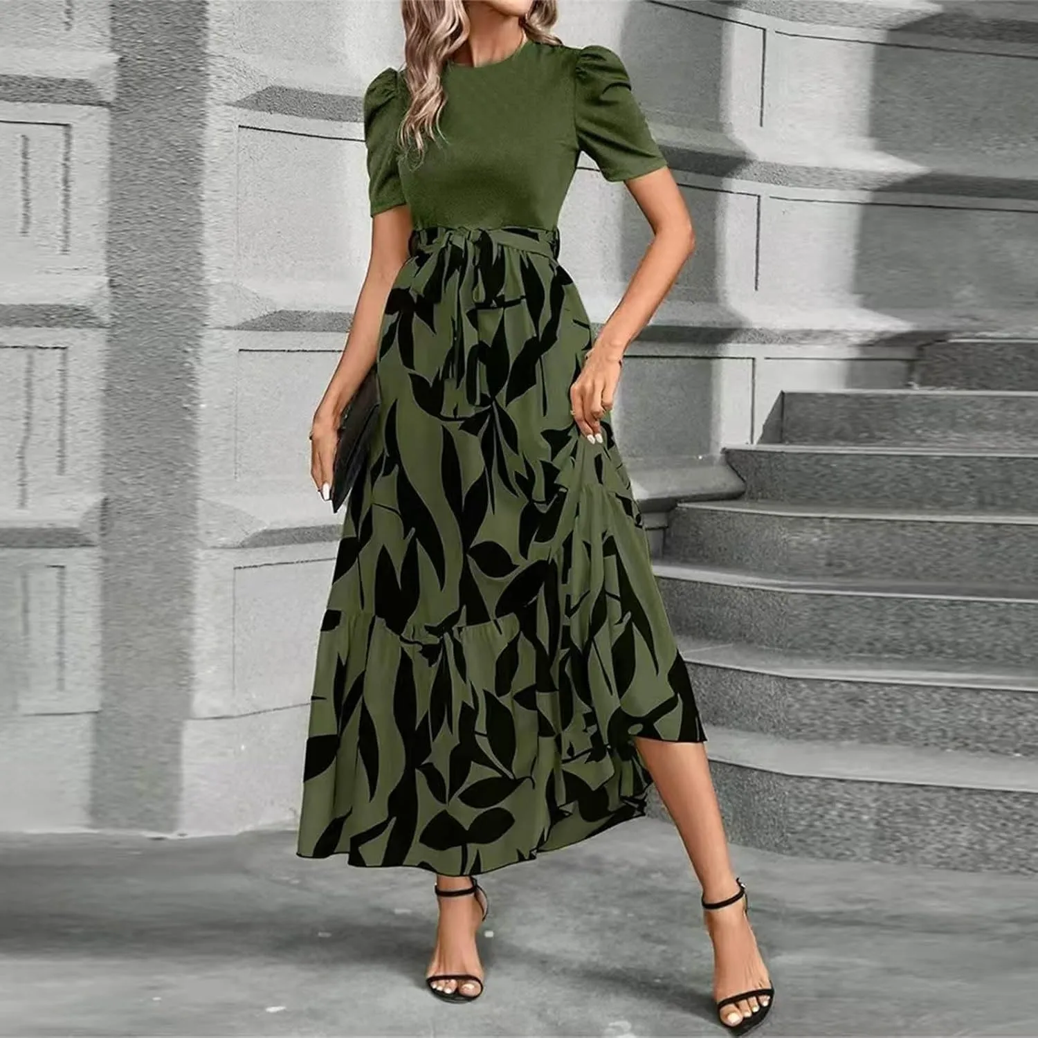 Puff Short Sleeve Dress for Women Flowy Swing Tiered Ruffle Dress Tie Belted Empire Waist Summer Beach Dresses