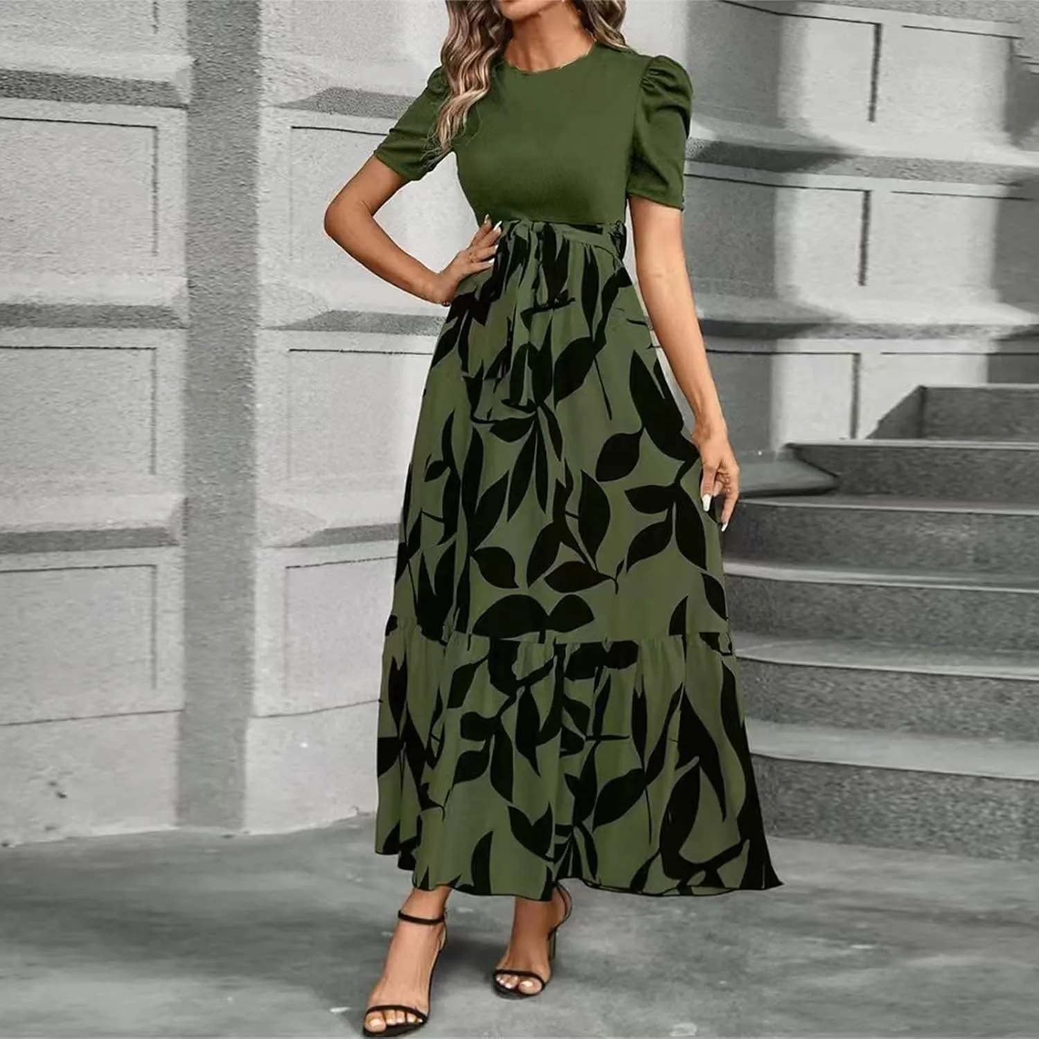 Puff Short Sleeve Dress for Women Flowy Swing Tiered Ruffle Dress Tie Belted Empire Waist Summer Beach Dresses