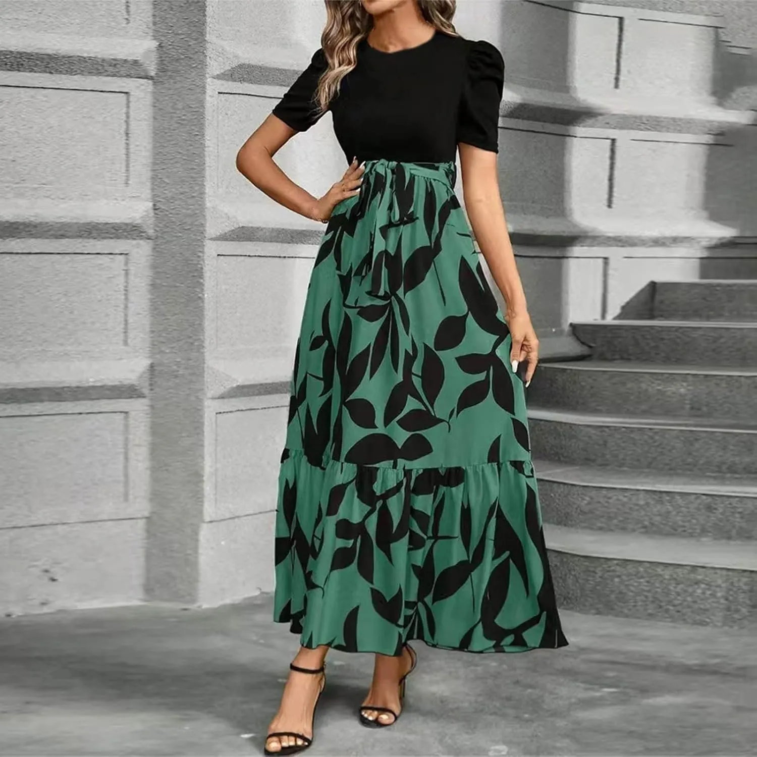 Puff Short Sleeve Dress for Women Flowy Swing Tiered Ruffle Dress Tie Belted Empire Waist Summer Beach Dresses