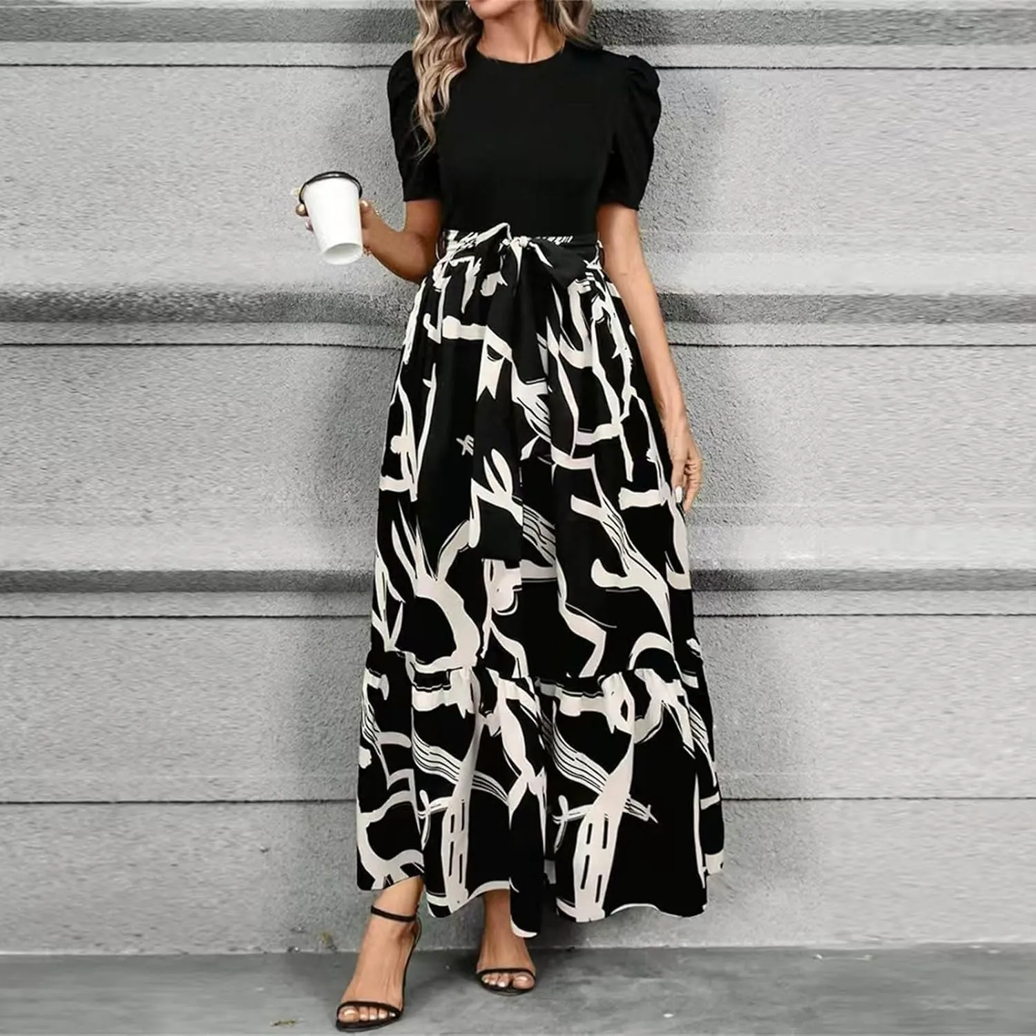 Puff Short Sleeve Dress for Women Flowy Swing Tiered Ruffle Dress Tie Belted Empire Waist Summer Beach Dresses