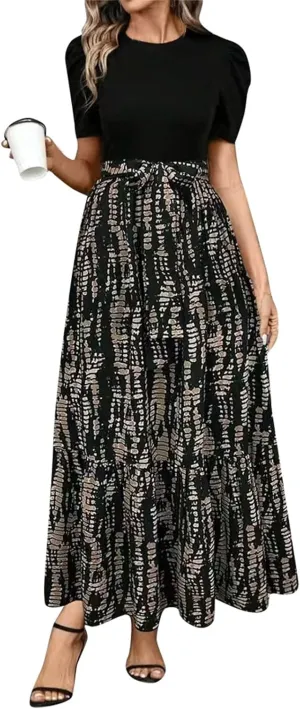 Puff Short Sleeve Dress for Women Flowy Swing Tiered Ruffle Dress Tie Belted Empire Waist Summer Beach Dresses