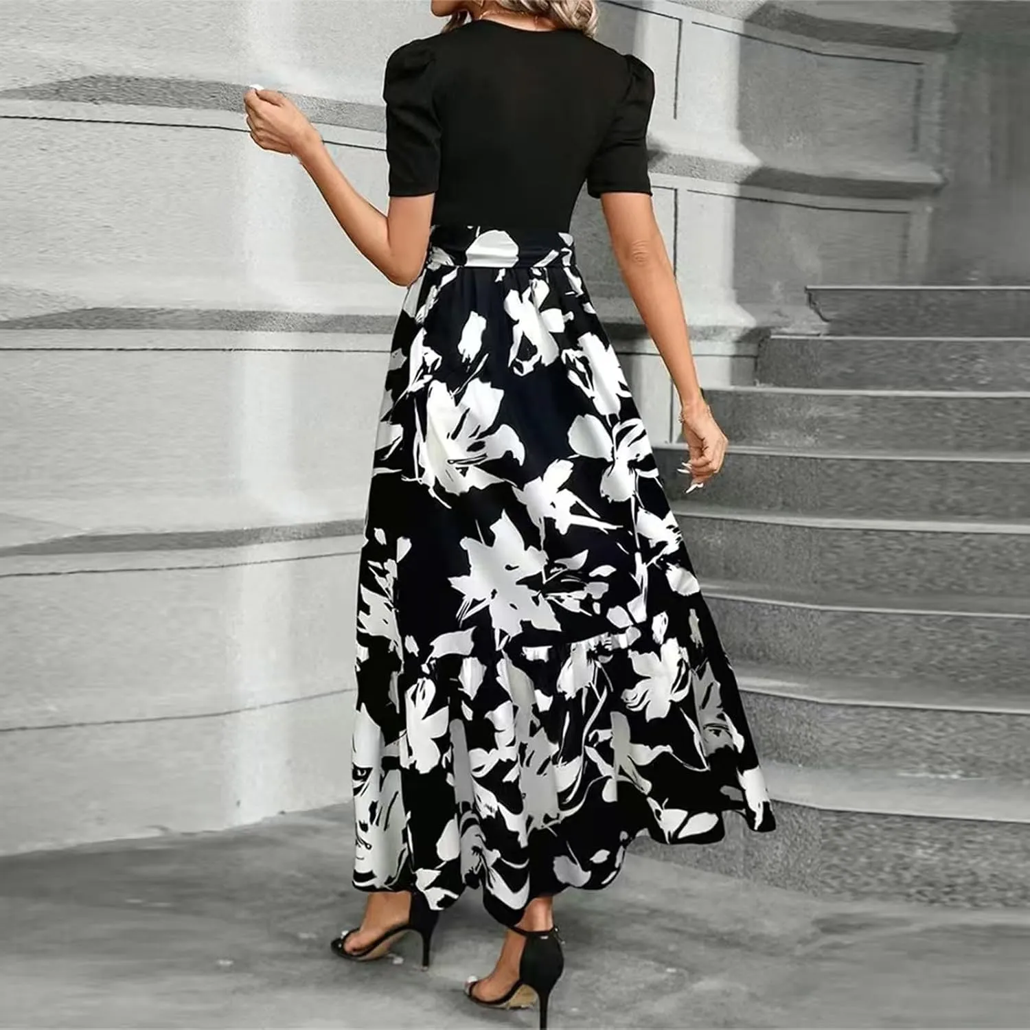Puff Short Sleeve Dress for Women Flowy Swing Tiered Ruffle Dress Tie Belted Empire Waist Summer Beach Dresses