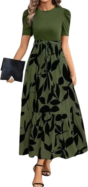 Puff Short Sleeve Dress for Women Flowy Swing Tiered Ruffle Dress Tie Belted Empire Waist Summer Beach Dresses