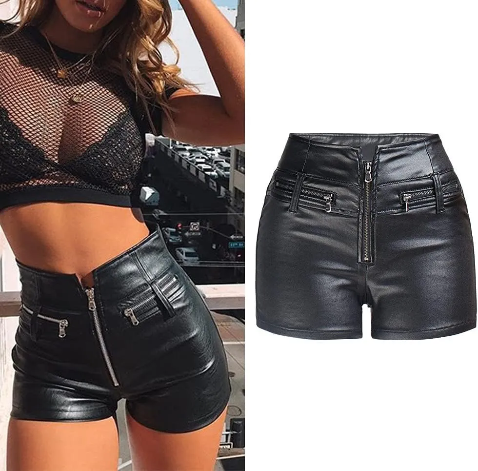 RAMISU Womens Casual Faux Leather Shorts High Waist Stretch Slim HIPS Motorcycle Skinny Coated Shorts