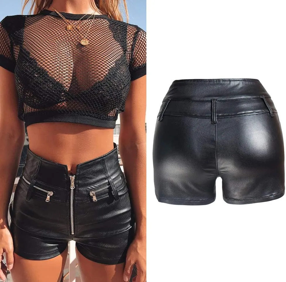 RAMISU Womens Casual Faux Leather Shorts High Waist Stretch Slim HIPS Motorcycle Skinny Coated Shorts