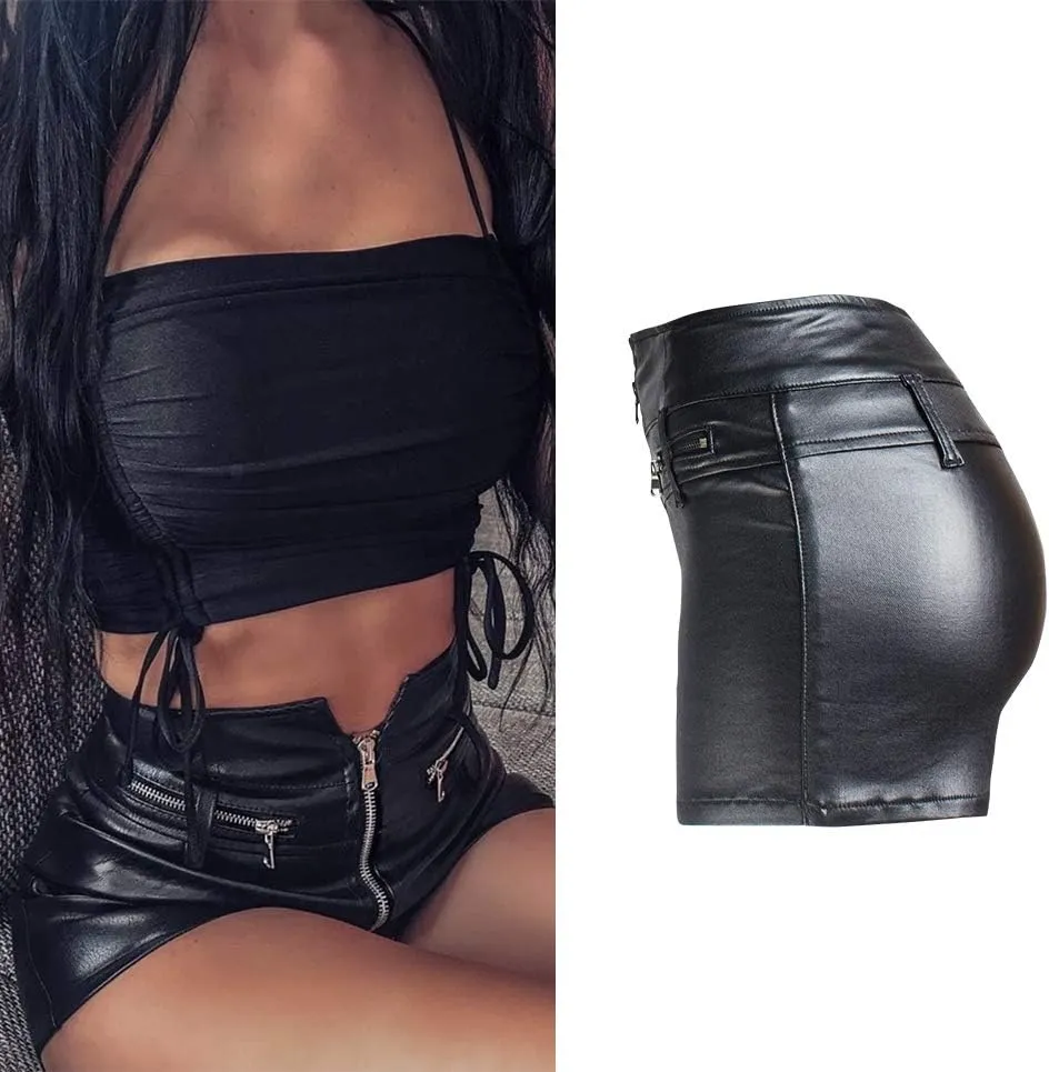 RAMISU Womens Casual Faux Leather Shorts High Waist Stretch Slim HIPS Motorcycle Skinny Coated Shorts