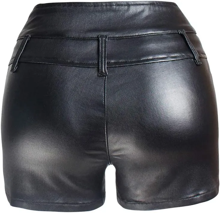 RAMISU Womens Casual Faux Leather Shorts High Waist Stretch Slim HIPS Motorcycle Skinny Coated Shorts