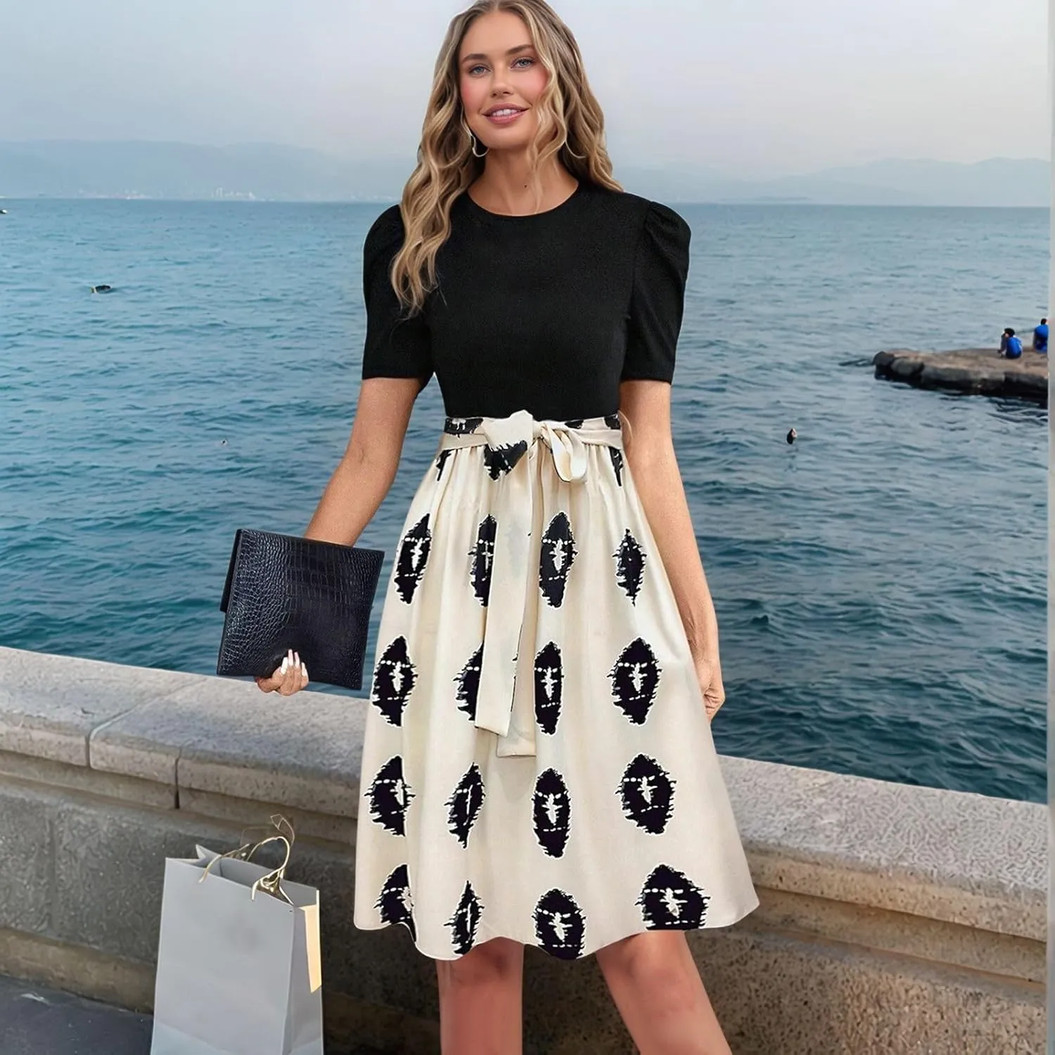 Resort Dresses for Women 2025 Vacation Floral Short Sleeve Wrap Patchwork Dresses Ruffle Hem Flowy a Line Mini Dress