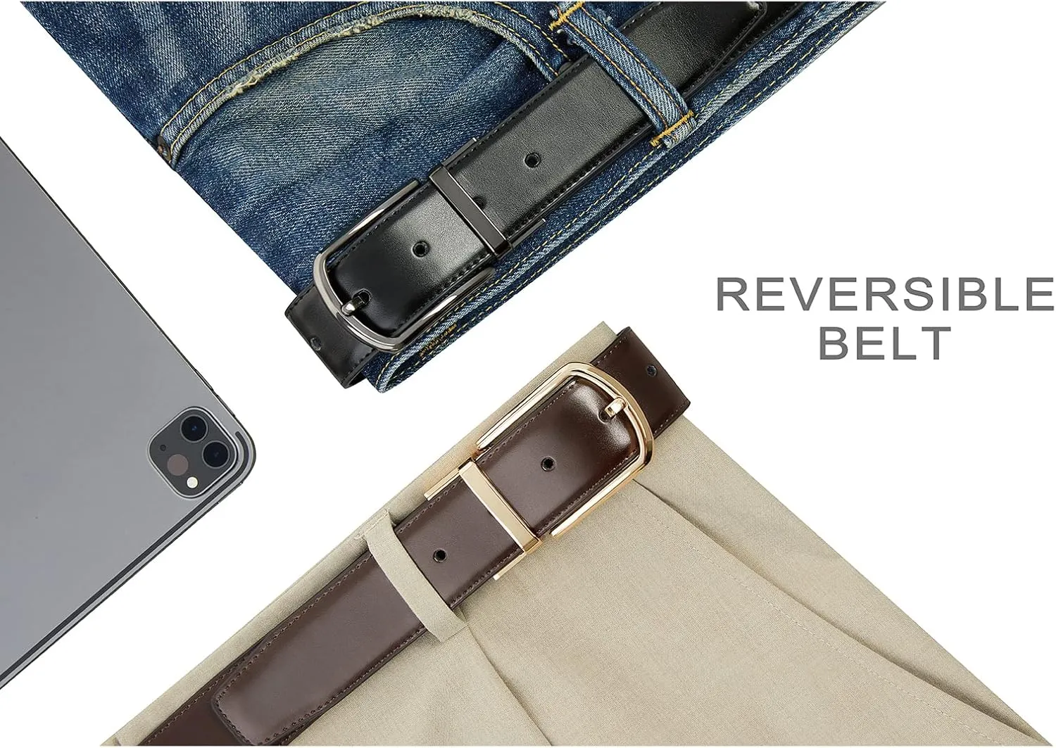 Reversible Leather Belts For Men Big and Tall 32"-62" Trim To Fit With Gift-Box