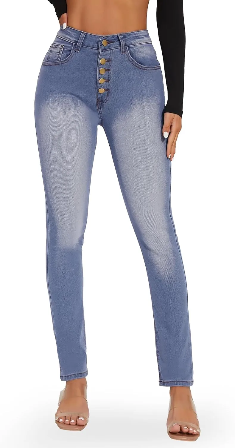 RIOJOY Skinny Stretchy Jeans for Women High Waisted Butt Lift Button Fly Jeans Slim Fit Denim Pants