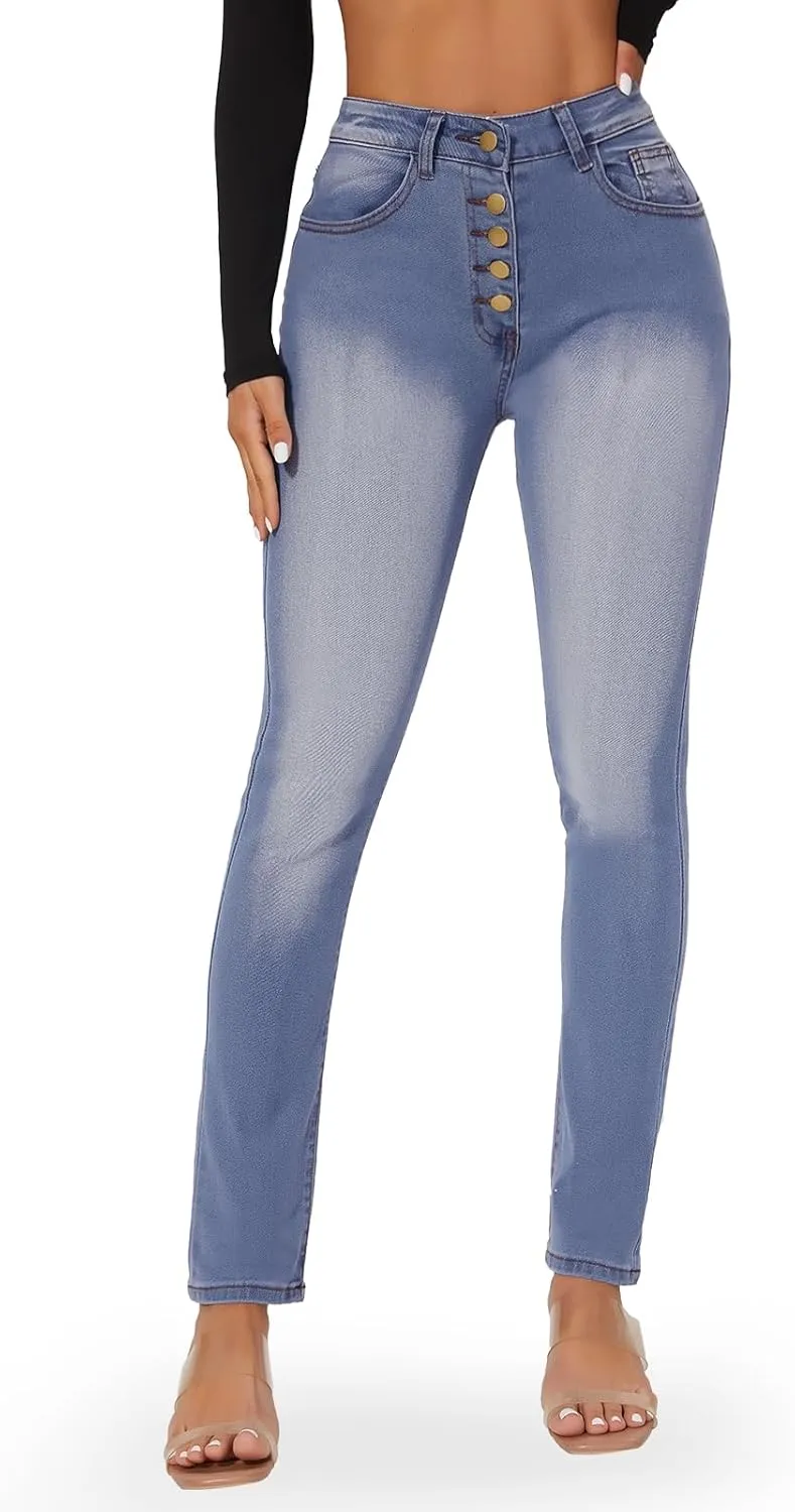 RIOJOY Skinny Stretchy Jeans for Women High Waisted Butt Lift Button Fly Jeans Slim Fit Denim Pants