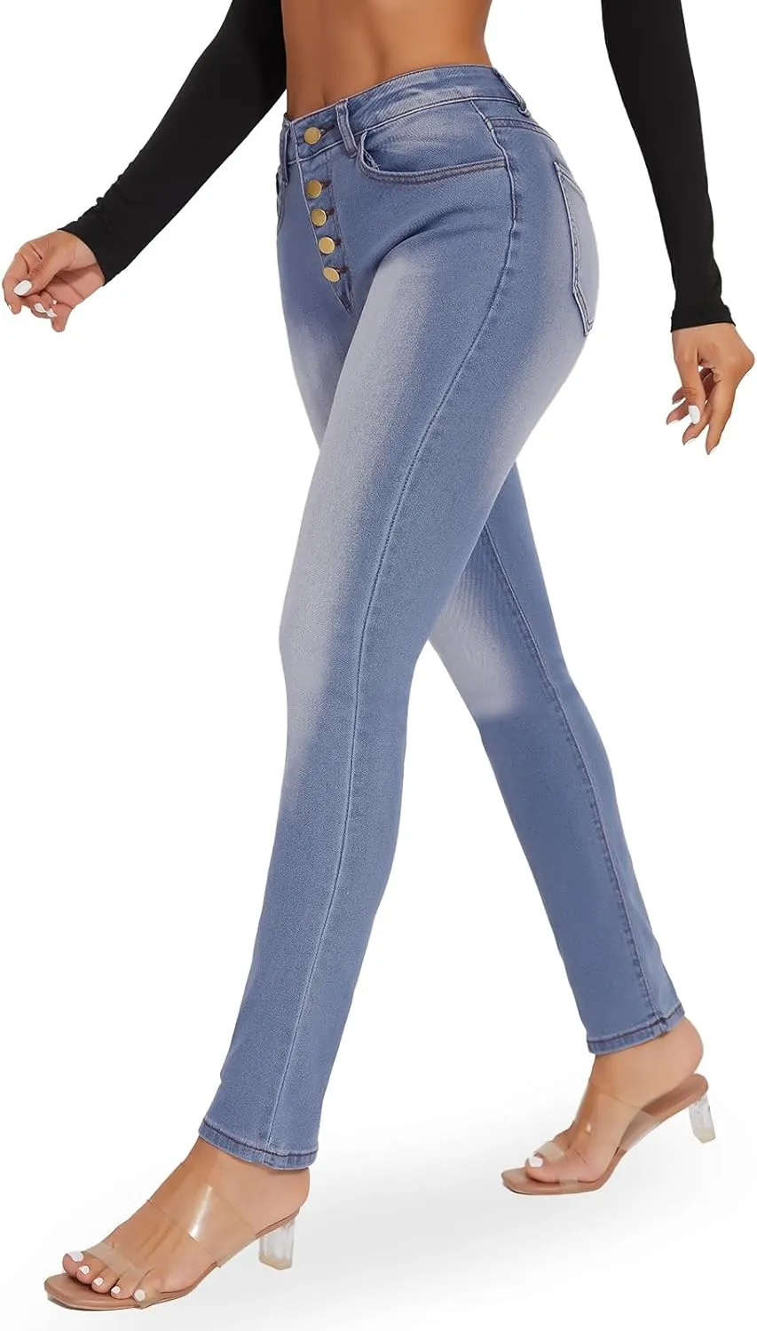 RIOJOY Skinny Stretchy Jeans for Women High Waisted Butt Lift Button Fly Jeans Slim Fit Denim Pants