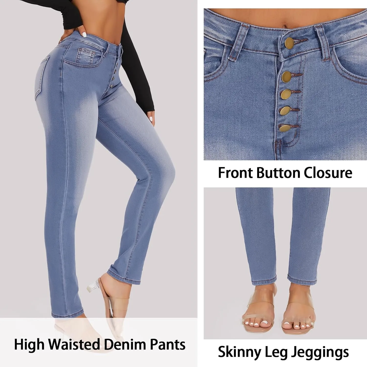 RIOJOY Skinny Stretchy Jeans for Women High Waisted Butt Lift Button Fly Jeans Slim Fit Denim Pants