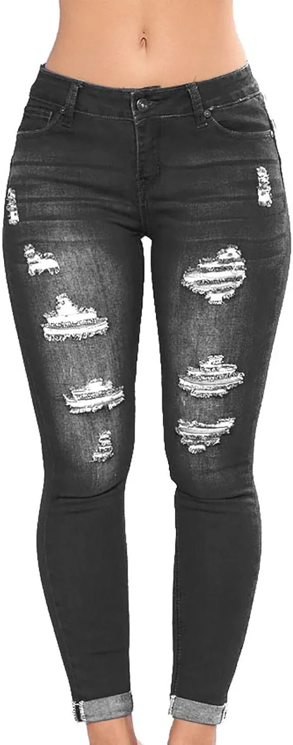 Ripped Jeans for Women High Waist Skinny Stretch Jeans Trendy Slim Fit Tummy Control Denim Pants with Pockets