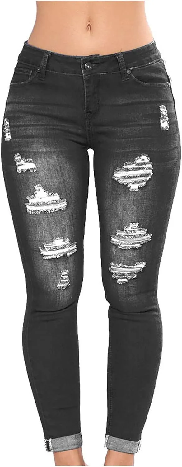 Ripped Jeans for Women High Waist Skinny Stretch Jeans Trendy Slim Fit Tummy Control Denim Pants with Pockets