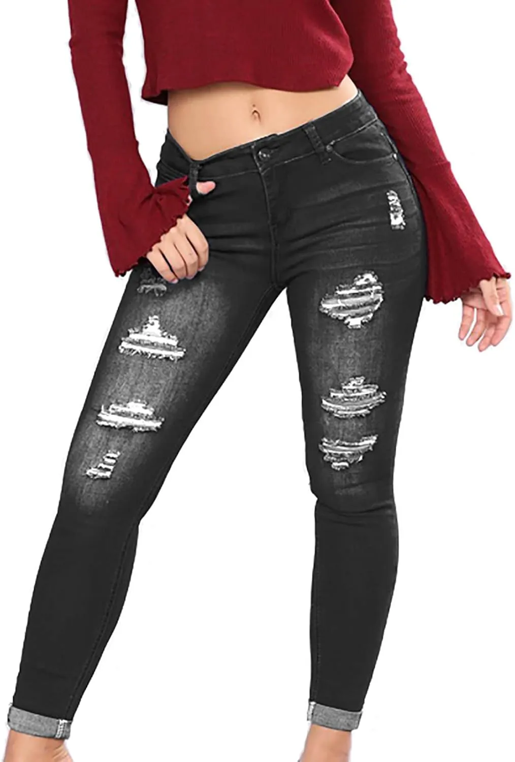 Ripped Jeans for Women High Waist Skinny Stretch Jeans Trendy Slim Fit Tummy Control Denim Pants with Pockets