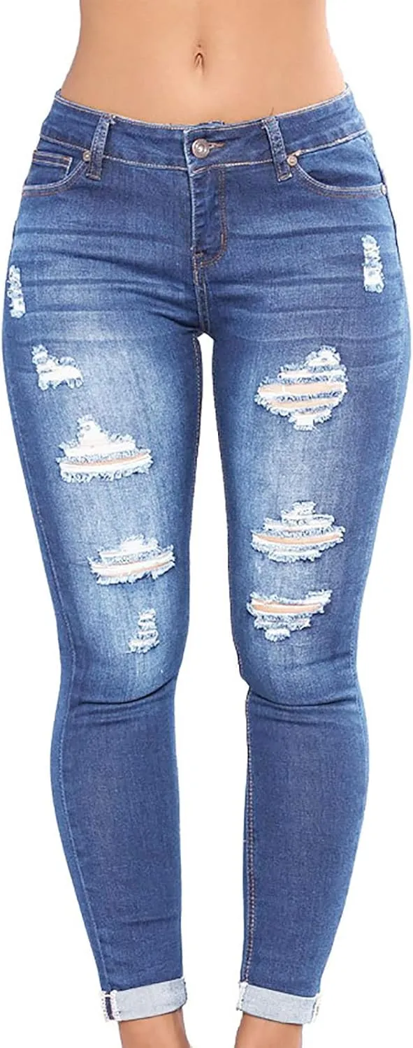 Ripped Jeans for Women High Waist Skinny Stretch Jeans Trendy Slim Fit Tummy Control Denim Pants with Pockets