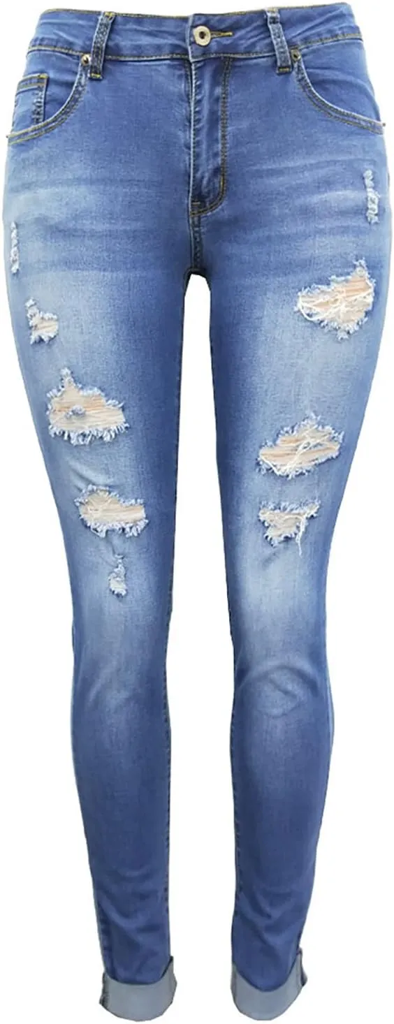 Ripped Jeans for Women High Waist Skinny Stretch Jeans Trendy Slim Fit Tummy Control Denim Pants with Pockets