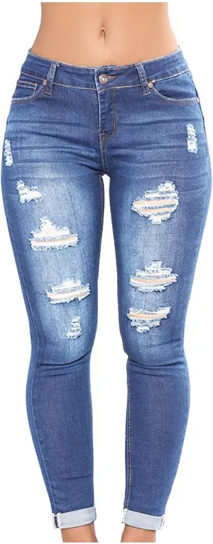 Ripped Jeans for Women High Waist Skinny Stretch Jeans Trendy Slim Fit Tummy Control Denim Pants with Pockets