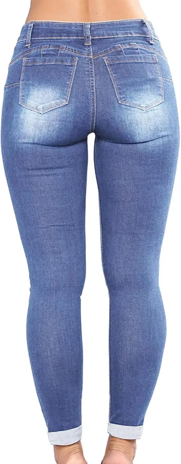 Ripped Jeans for Women High Waist Skinny Stretch Jeans Trendy Slim Fit Tummy Control Denim Pants with Pockets