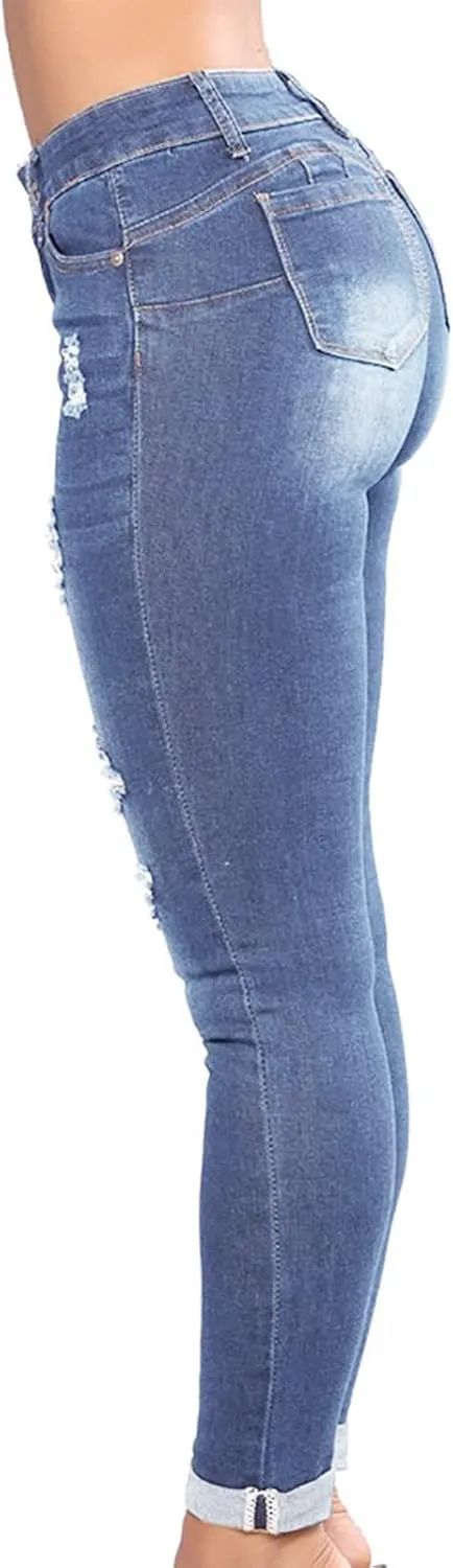 Ripped Jeans for Women High Waist Skinny Stretch Jeans Trendy Slim Fit Tummy Control Denim Pants with Pockets
