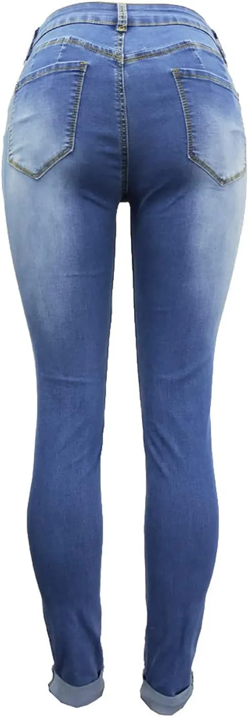 Ripped Jeans for Women High Waist Skinny Stretch Jeans Trendy Slim Fit Tummy Control Denim Pants with Pockets