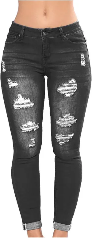 Ripped Jeans for Women High Waist Skinny Stretch Jeans Trendy Slim Fit Tummy Control Denim Pants with Pockets