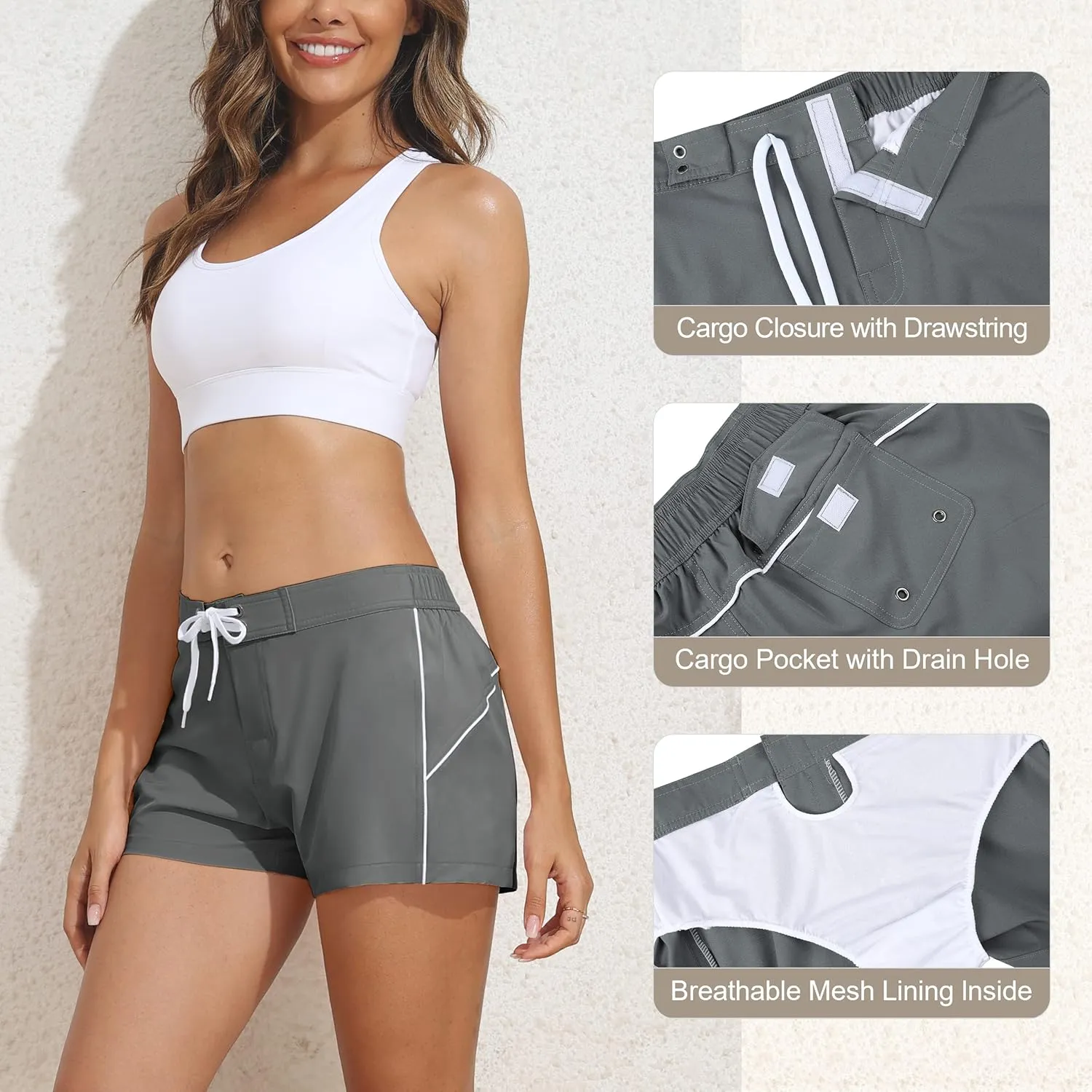 Rocorose Womens Swim Shorts Quick Dry Summer Water Beach Swimwear Board Shorts with Mesh Liner