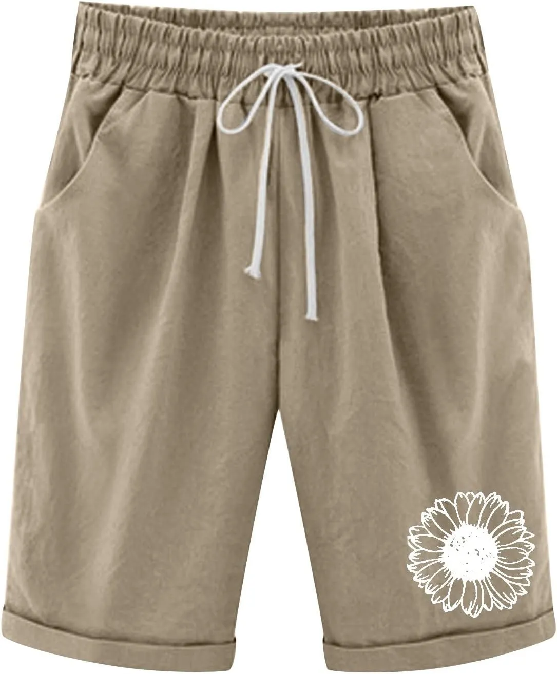 Rvidbe Womens Bermuda Shorts Women's Summer Casual Cotton Elastic Drawstring Long Linen Walk Shorts with Pockets Bermuda Shorts for Women Denim Shorts for Women High Waisted
