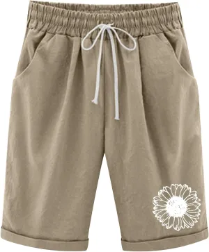 Rvidbe Womens Bermuda Shorts Women's Summer Casual Cotton Elastic Drawstring Long Linen Walk Shorts with Pockets Bermuda Shorts for Women Denim Shorts for Women High Waisted