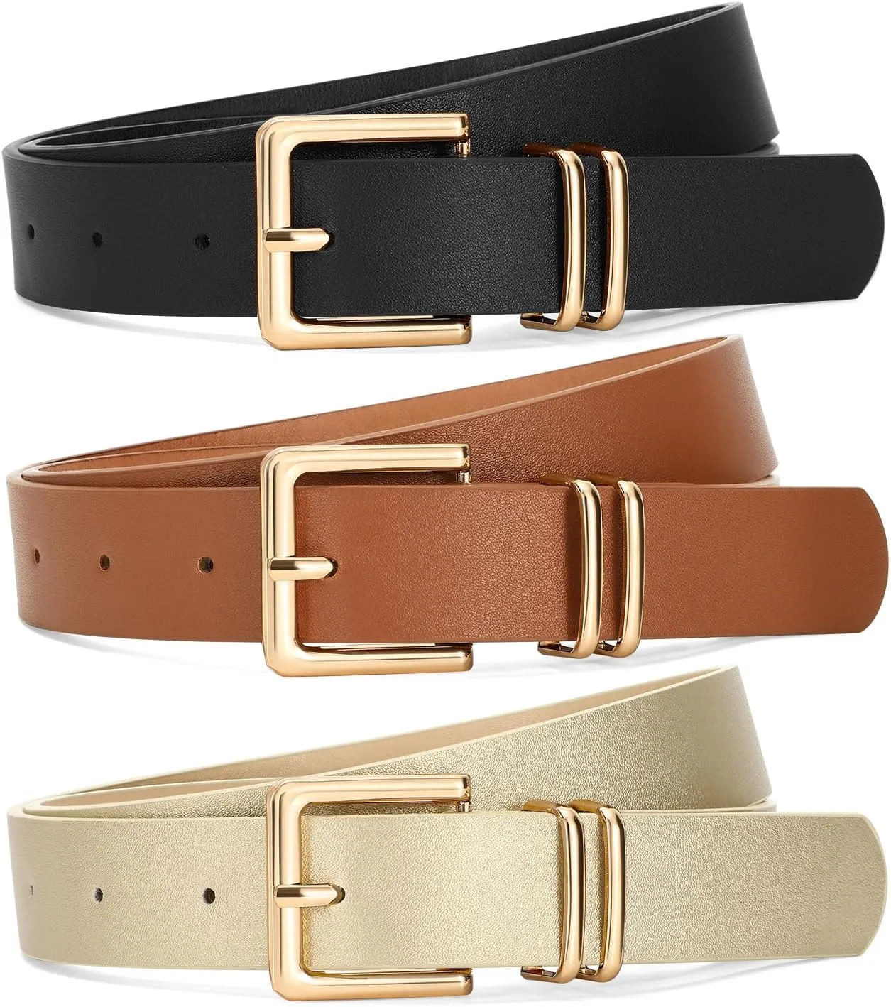 SANSTHS 3 PACK Women Leather Belts for Jeans Pants Dresses Fashion Ladies Waist Belt with Gold Square Buckle