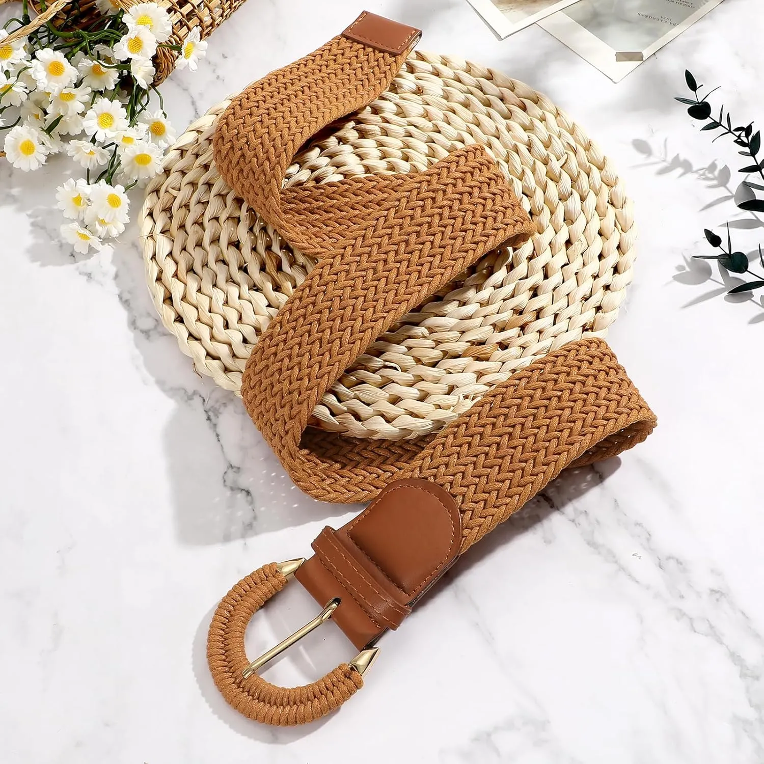 SANSTHS Women Wide Woven Belt for Dresses Fashion Rattan Braided Waist Belt Straw Raffia Boho Belt for Jeans