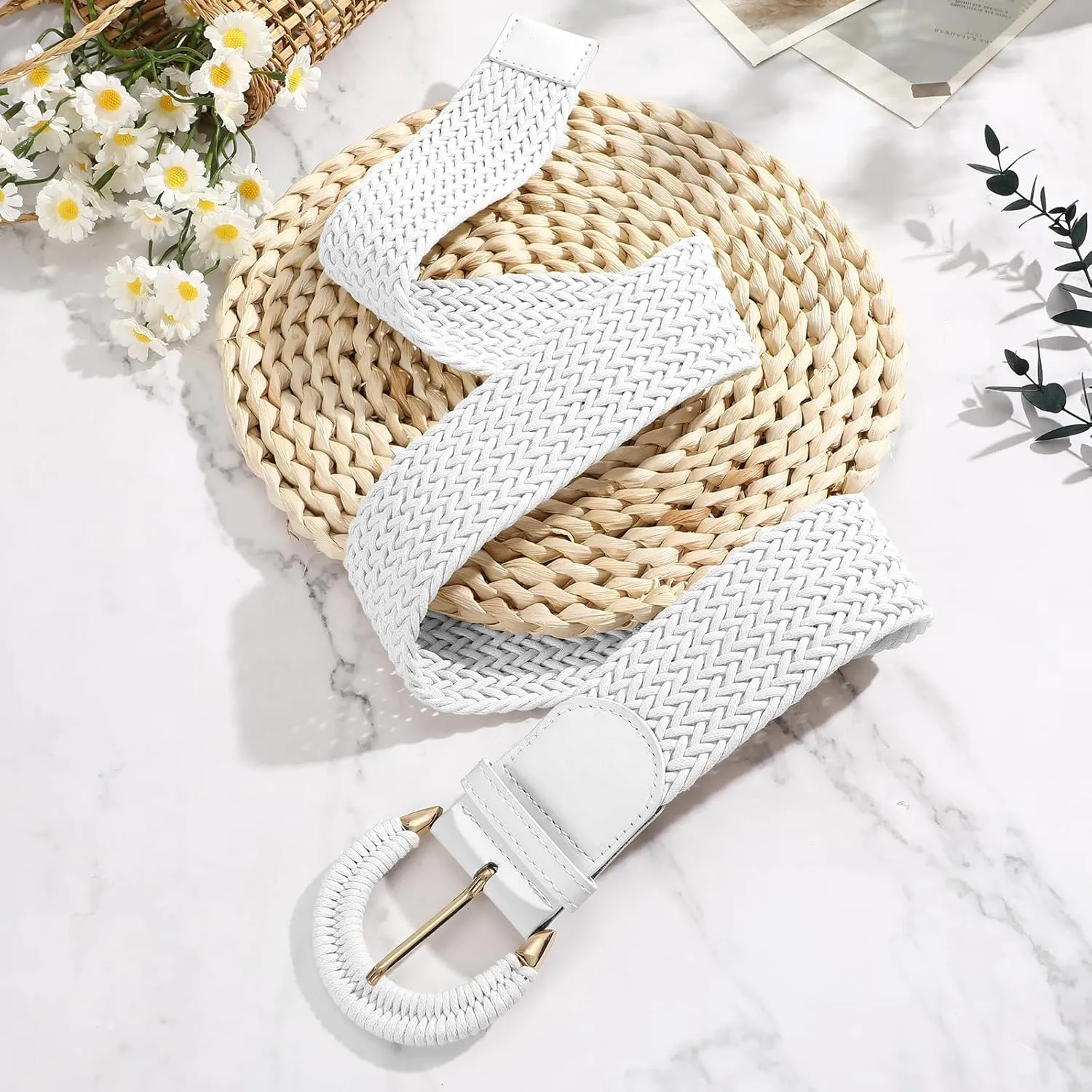 SANSTHS Women Wide Woven Belt for Dresses Fashion Rattan Braided Waist Belt Straw Raffia Boho Belt for Jeans