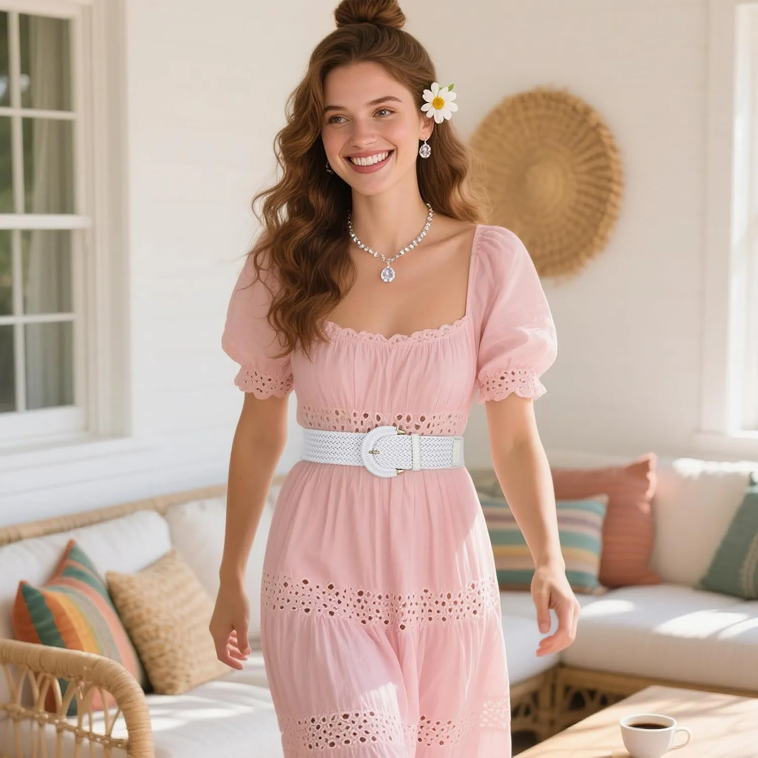 SANSTHS Women Wide Woven Belt for Dresses Fashion Rattan Braided Waist Belt Straw Raffia Boho Belt for Jeans