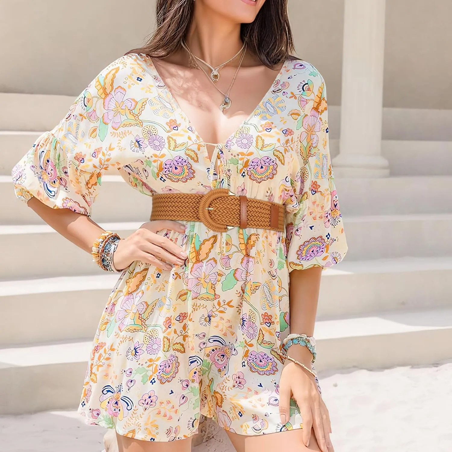 SANSTHS Women Wide Woven Belt for Dresses Fashion Rattan Braided Waist Belt Straw Raffia Boho Belt for Jeans