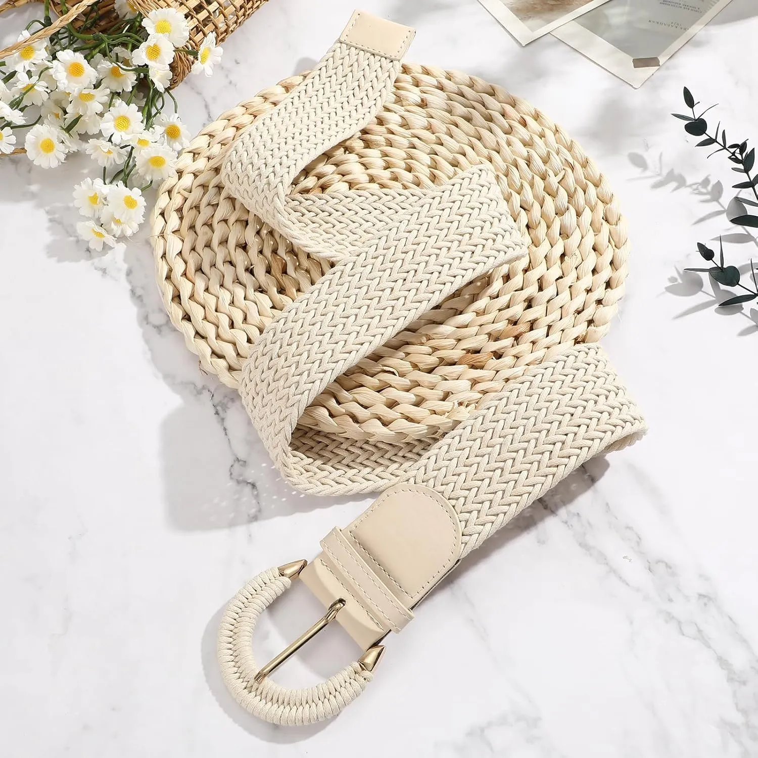 SANSTHS Women Wide Woven Belt for Dresses Fashion Rattan Braided Waist Belt Straw Raffia Boho Belt for Jeans